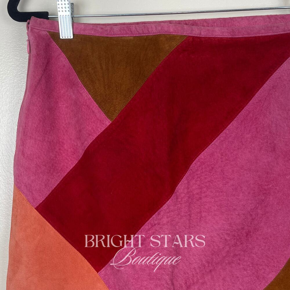 Rare Colorblock Suede Skirt ASO Phoebe Buffay Friends Pink Red Brown Patchwork - Picture 11 of 11